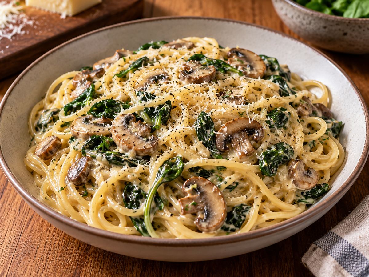 Creamy mushroom & spinach spaghetti