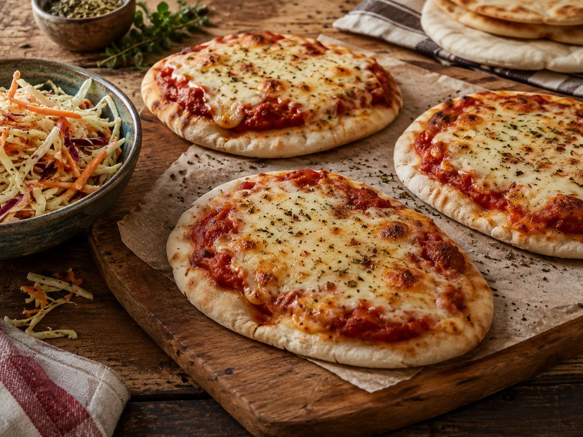 Pitta pizzas with crunchy slaw