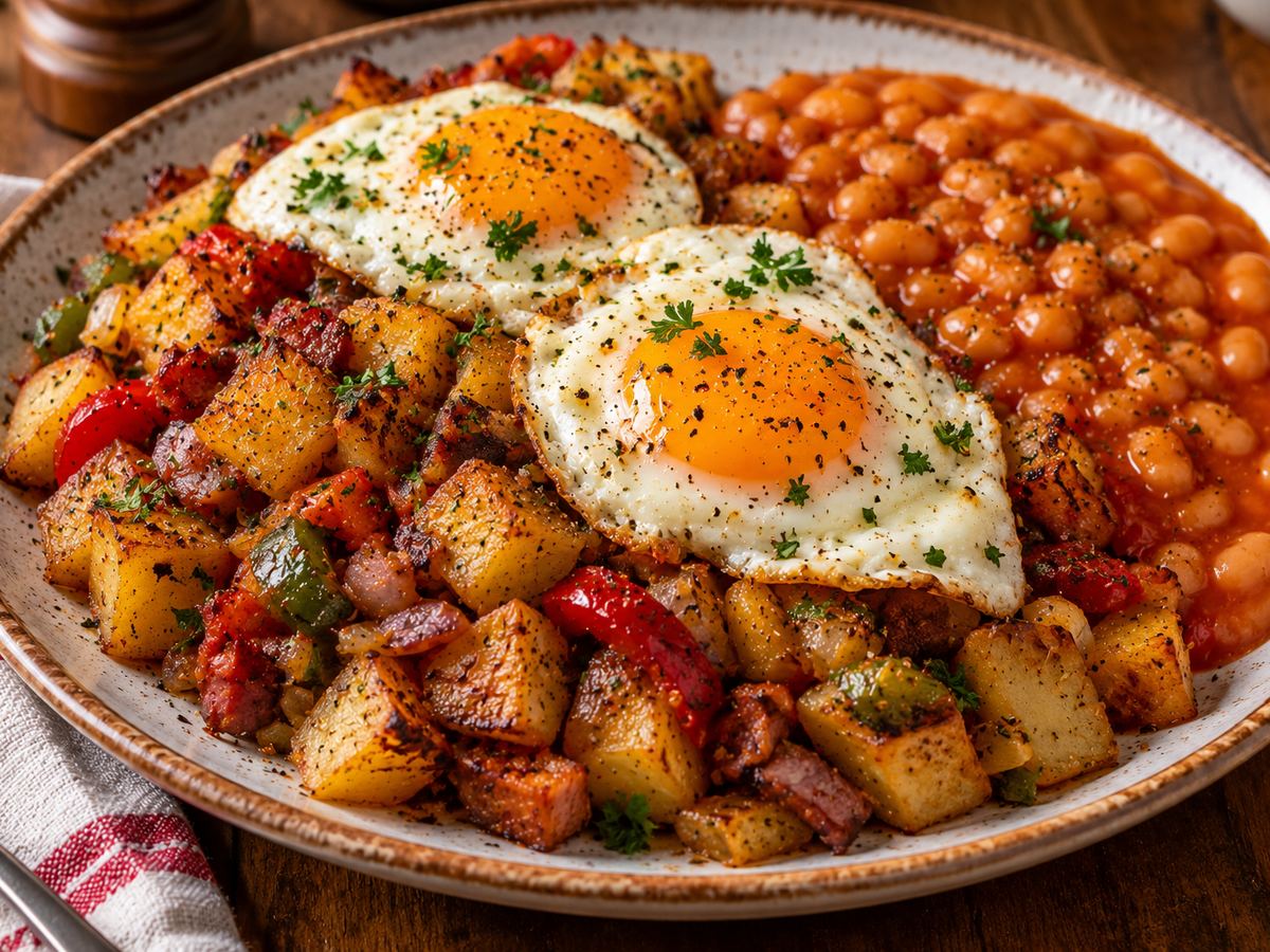Diner-style potato hash with eggs & beans