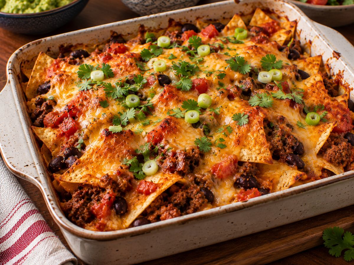 Beef nacho-style tortilla bake