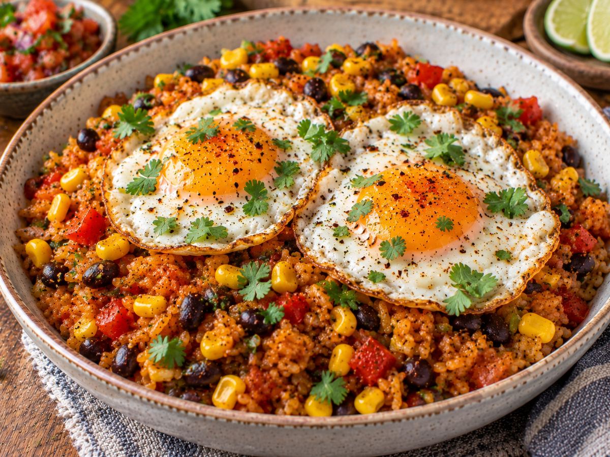 Mexican rice with black beans & fried eggs