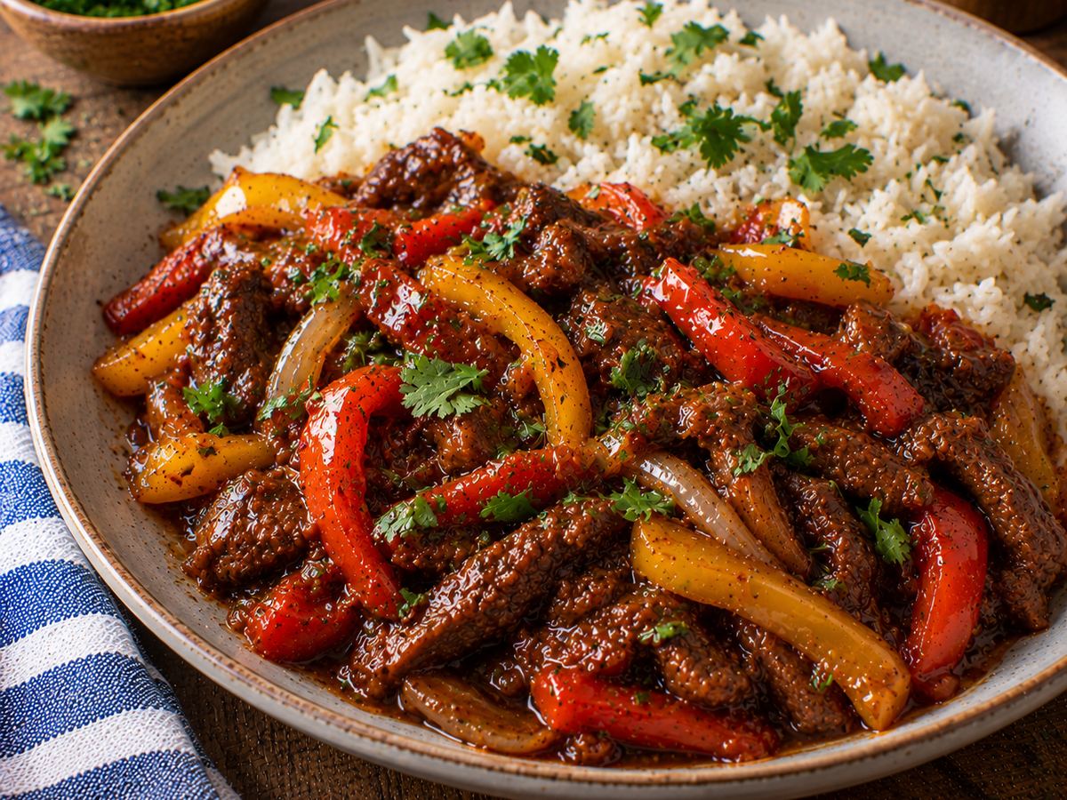 Sticky beef & peppers with rice