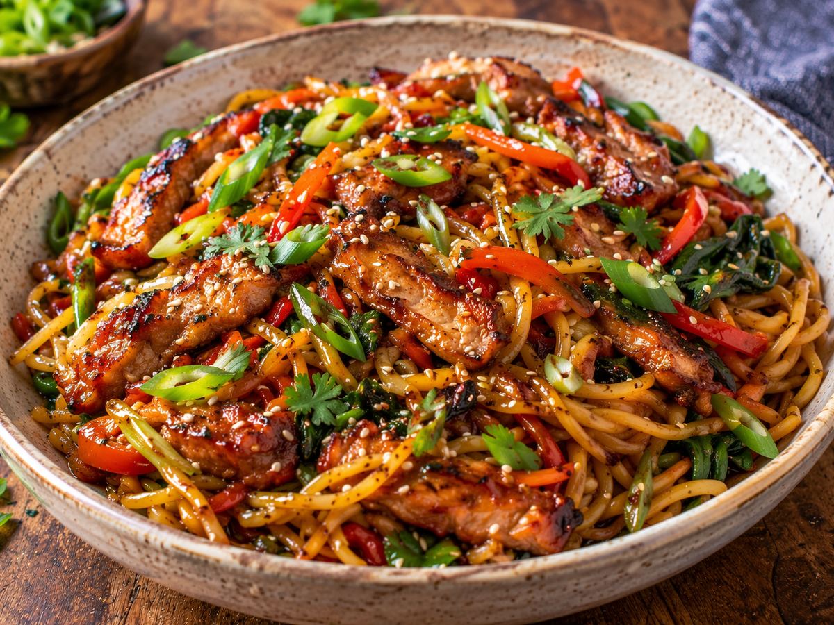 Sticky honey pork noodles