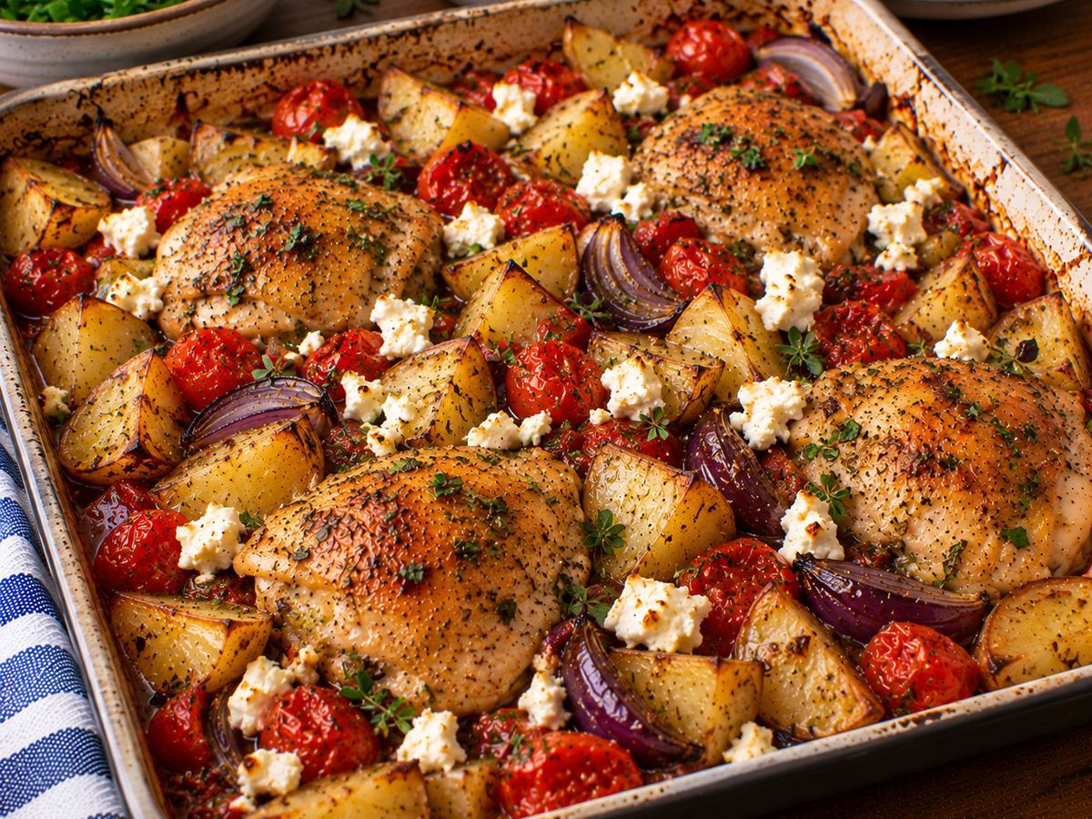 Greek-style chicken traybake with feta