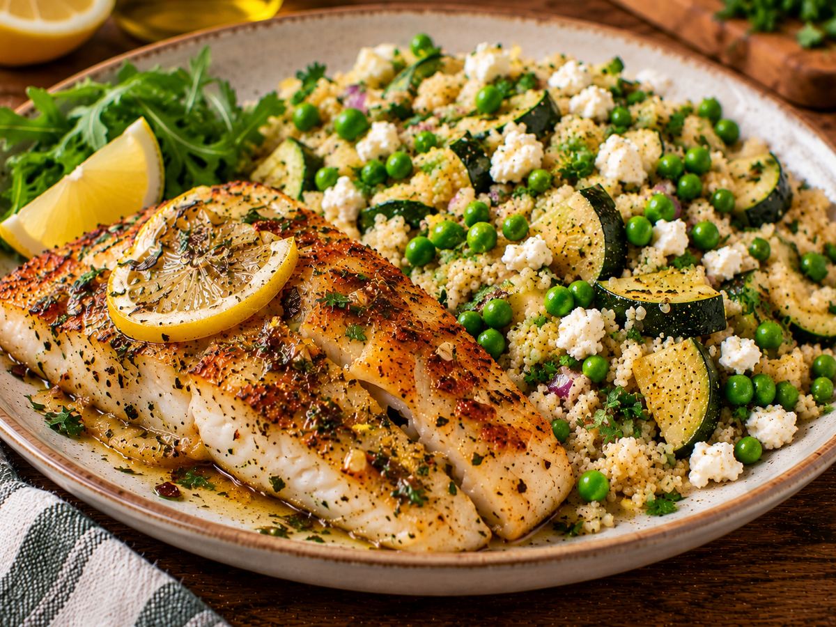 Lemon & herb fish with courgette couscous