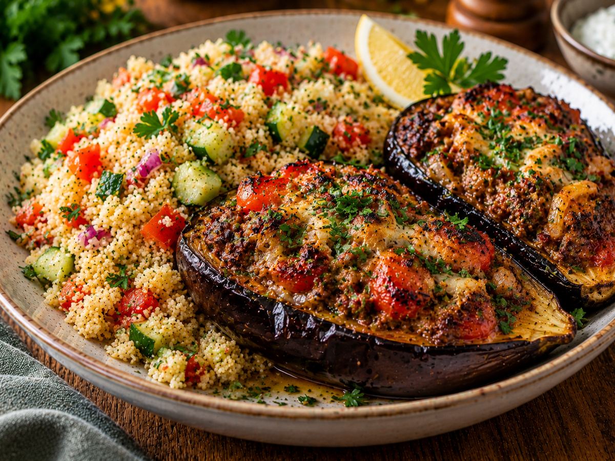 Lamb-stuffed aubergines with couscous