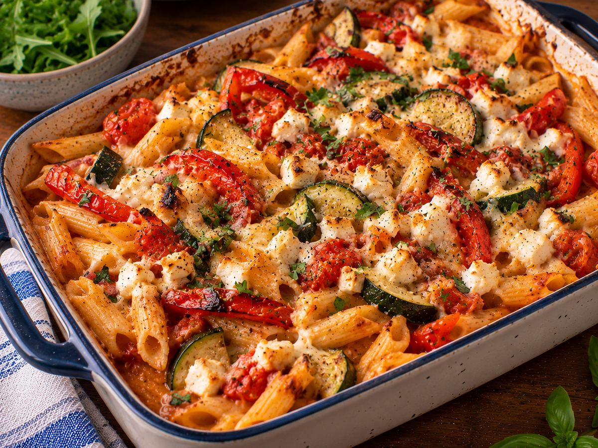 Roast pepper, courgette & feta pasta bake
