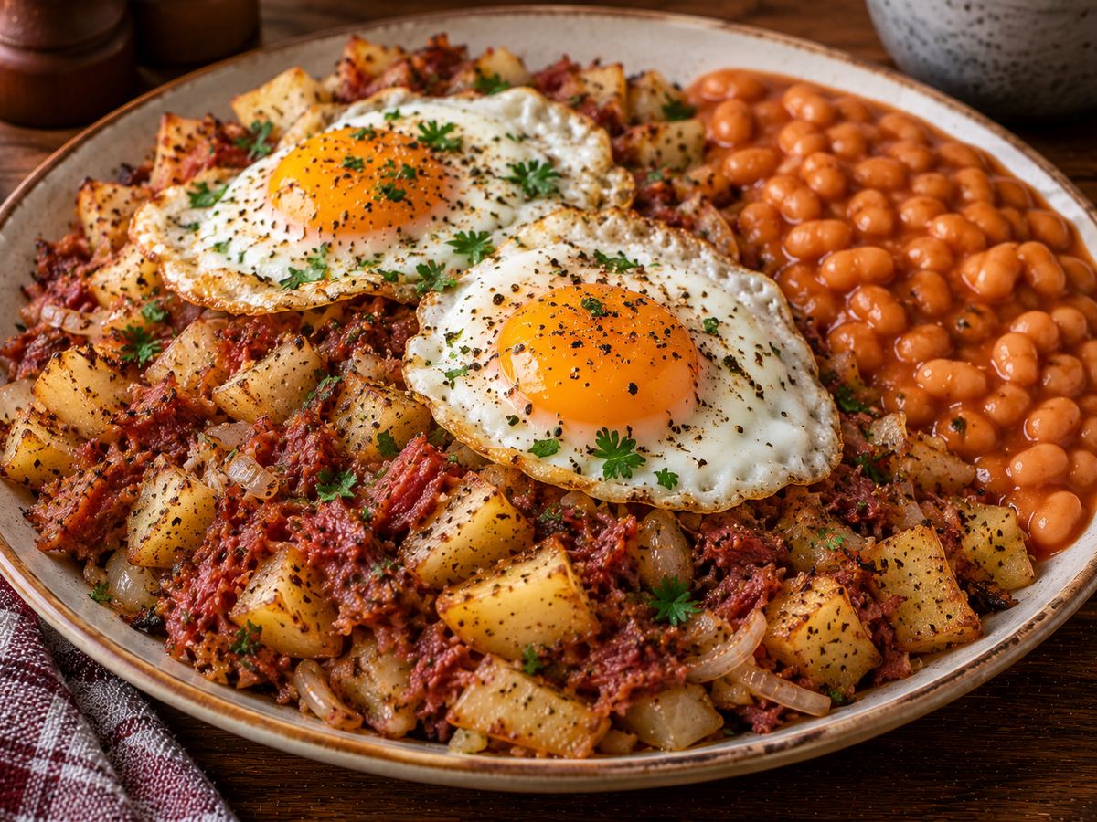 Corned beef hash with eggs & beans