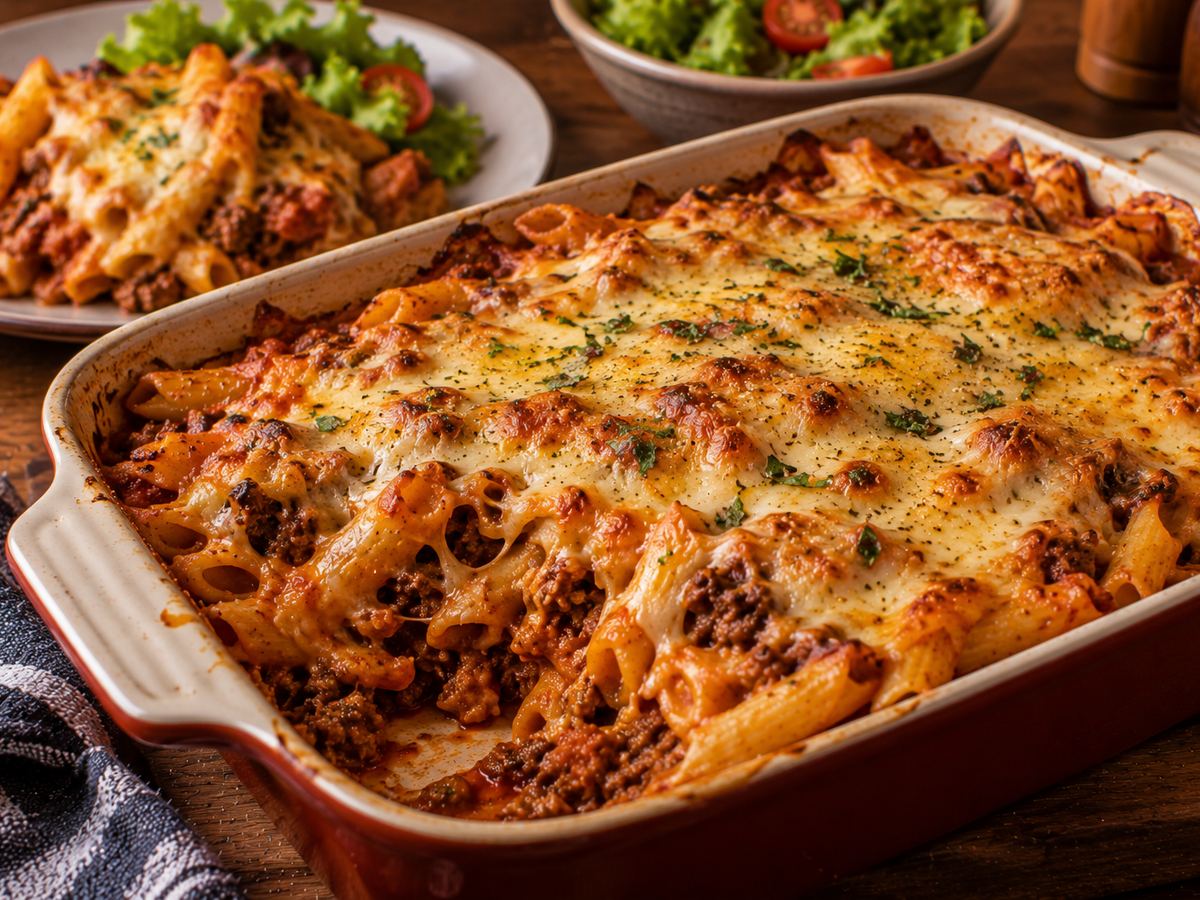 Cheesy beef pasta bake