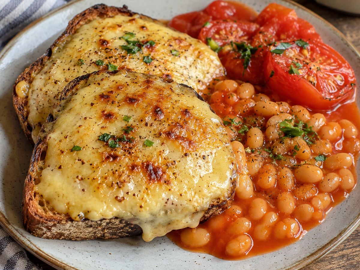 Welsh rarebit with beans & tomatoes