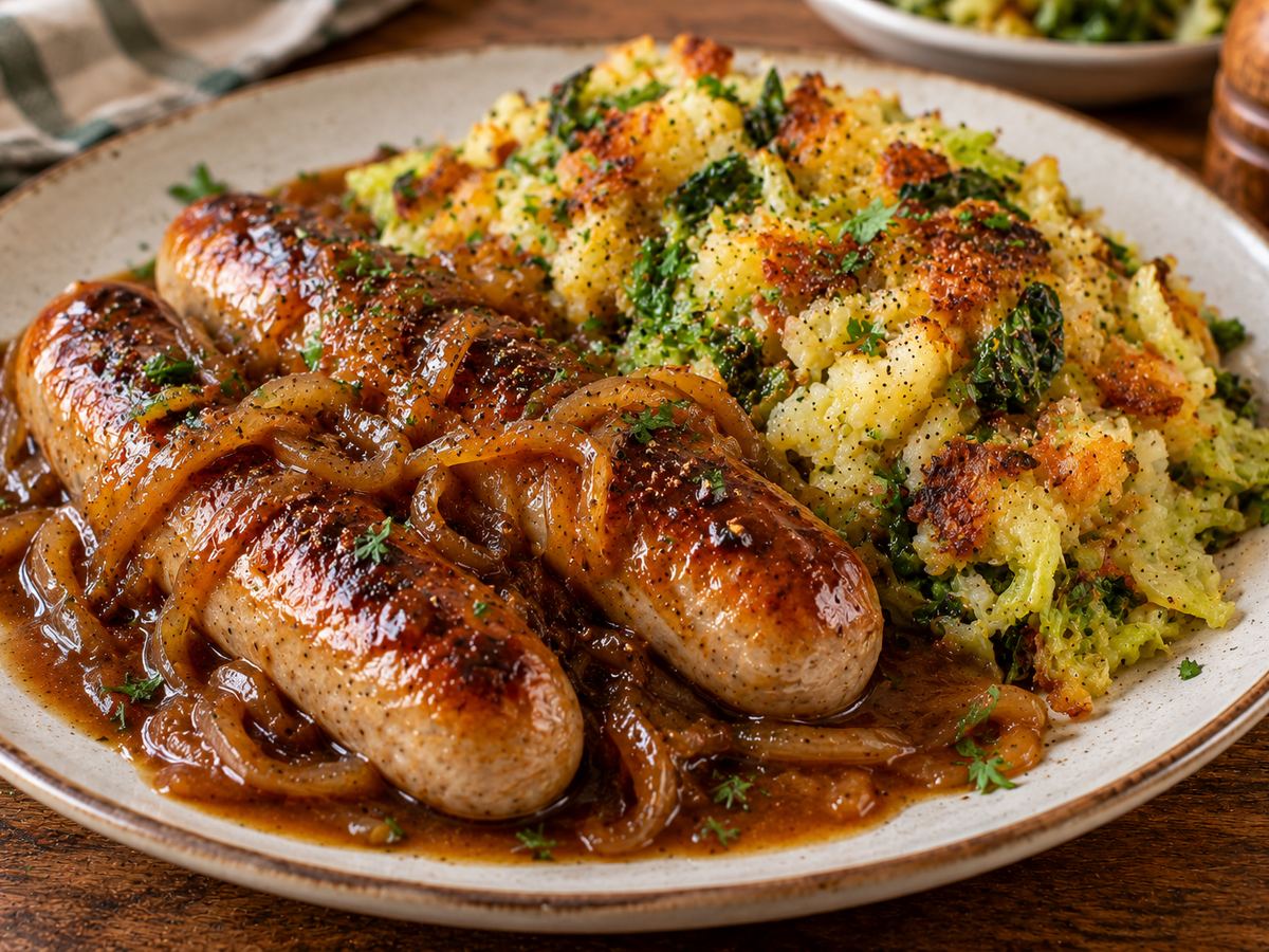 Sausages with bubble & squeak