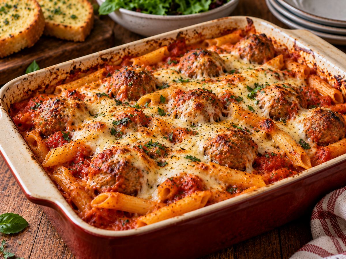 Baked meatball pasta
