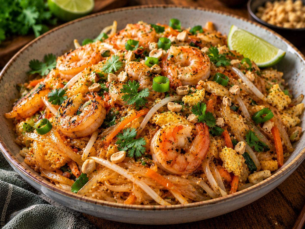 Prawn pad thai-style noodles