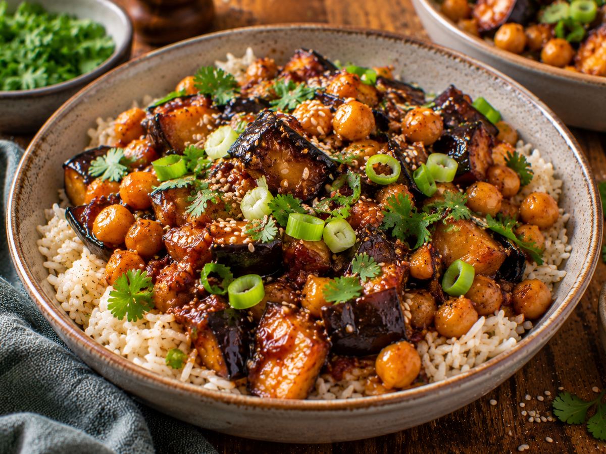 Sticky aubergine & chickpea rice bowls