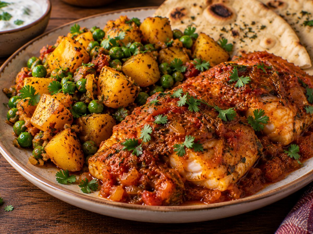 Masala fish with spiced potatoes & peas