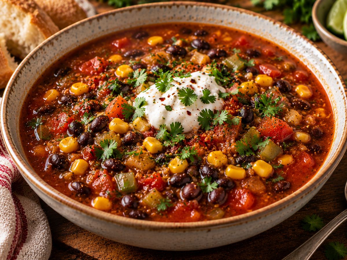 Black bean & sweetcorn chilli soup