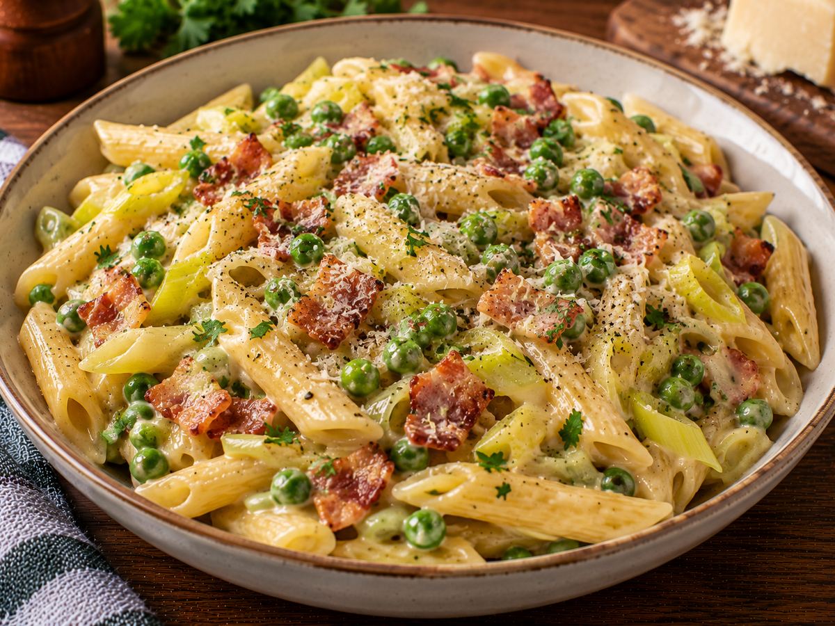 Bacon, pea & leek pasta