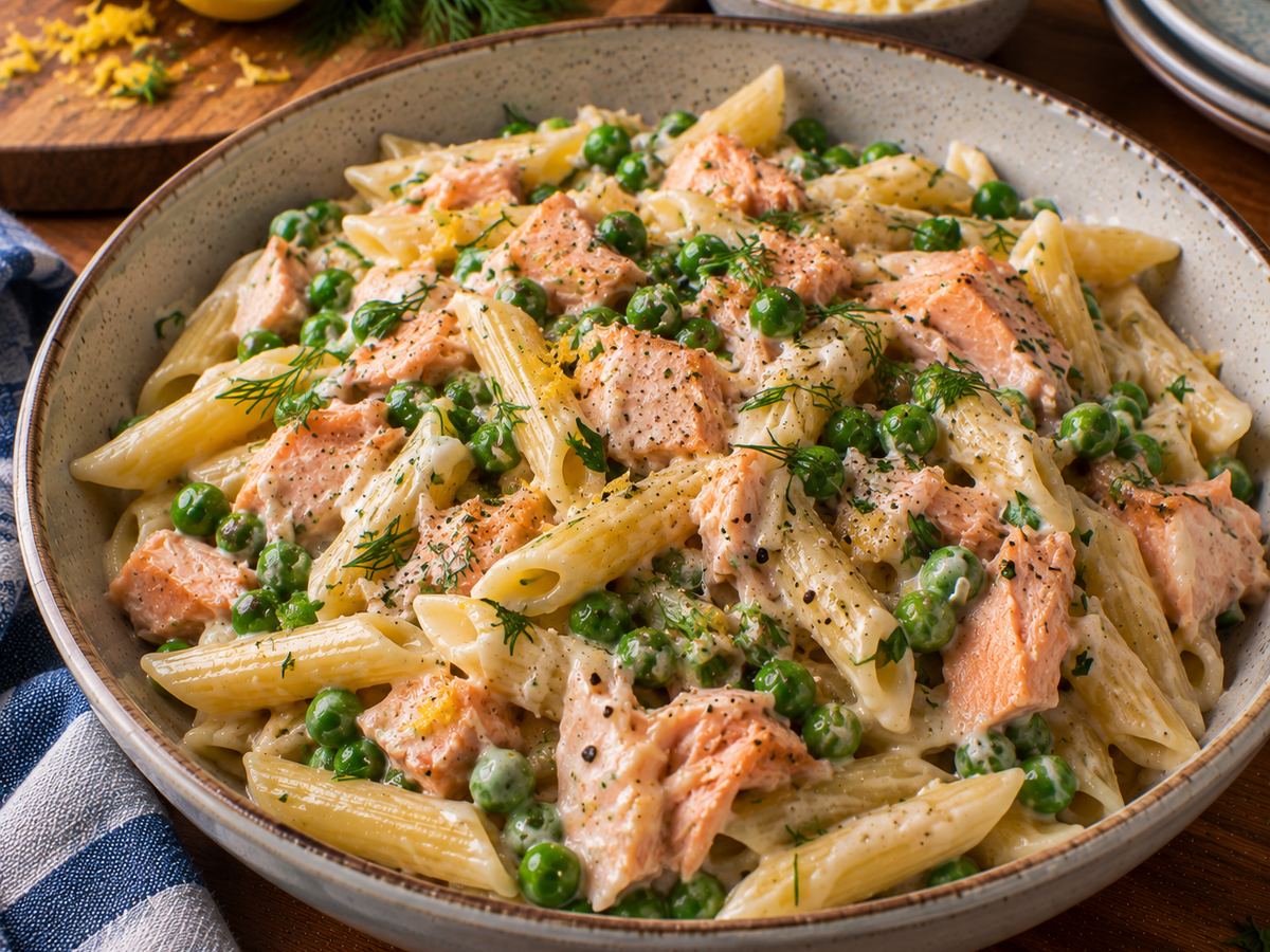 Creamy salmon & pea pasta