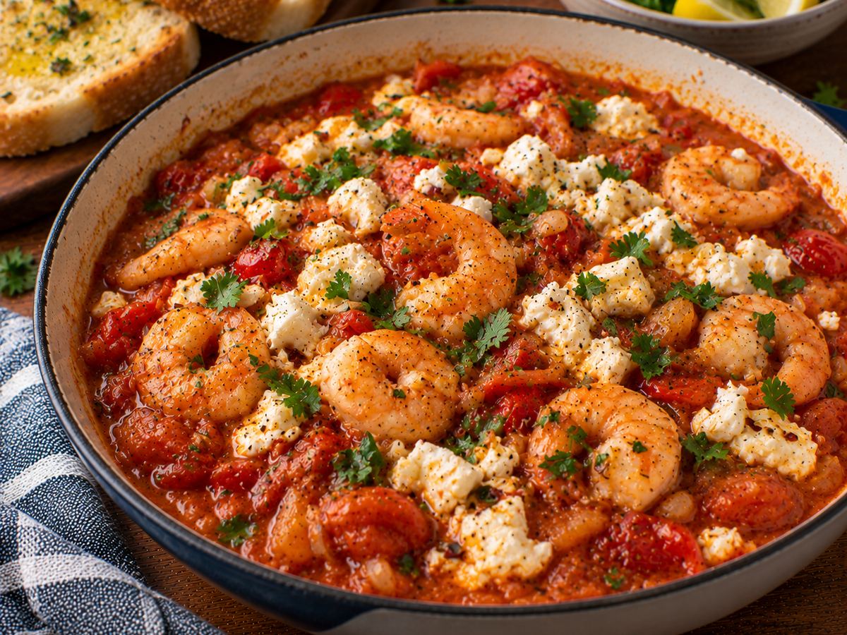 Prawn saganaki with feta