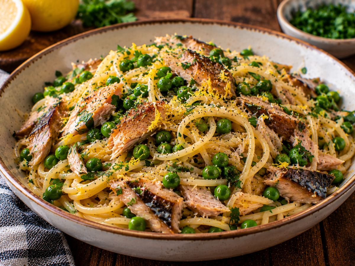 Smoked mackerel, pea & lemon spaghetti