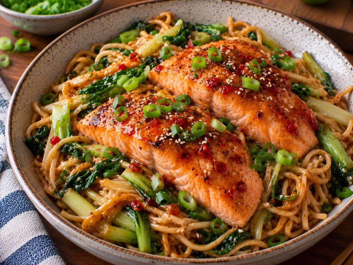Sweet chilli salmon with noodles