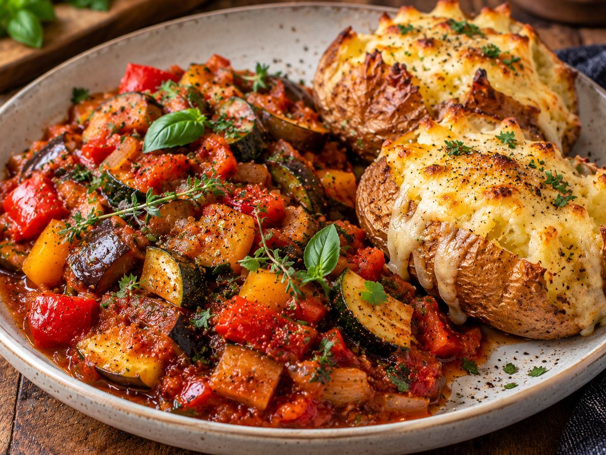 Ratatouille with cheesy jacket potatoes