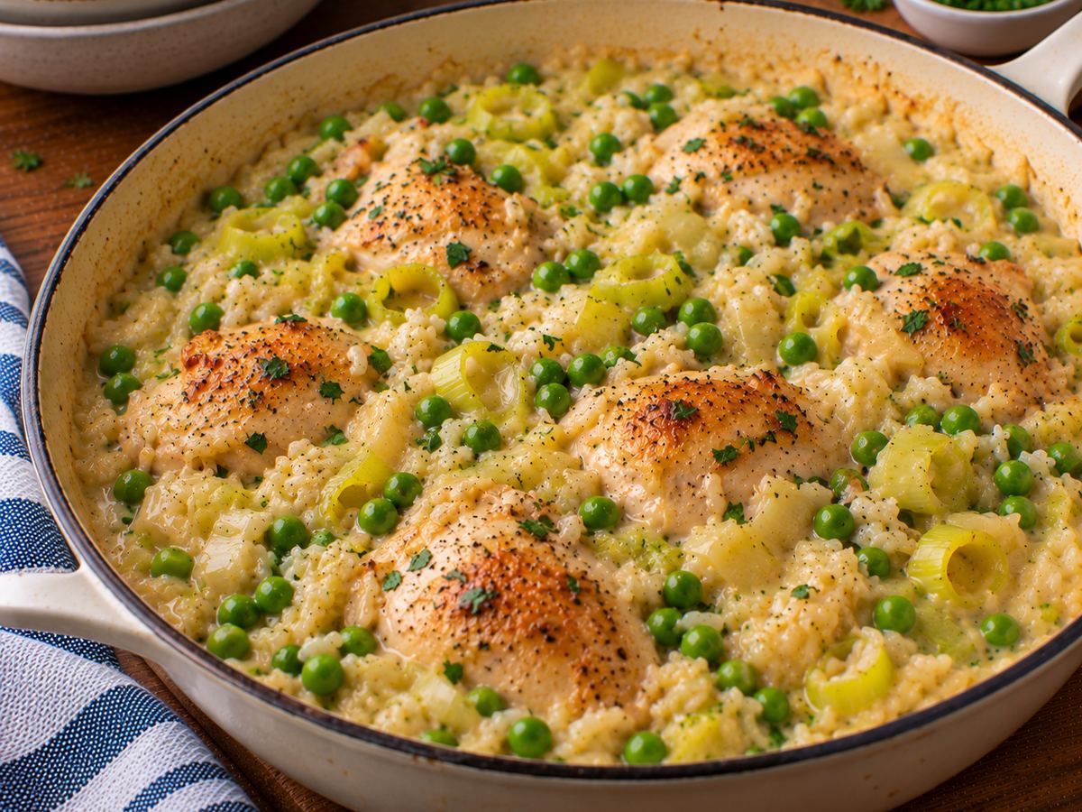 One-pot creamy chicken, leek & rice