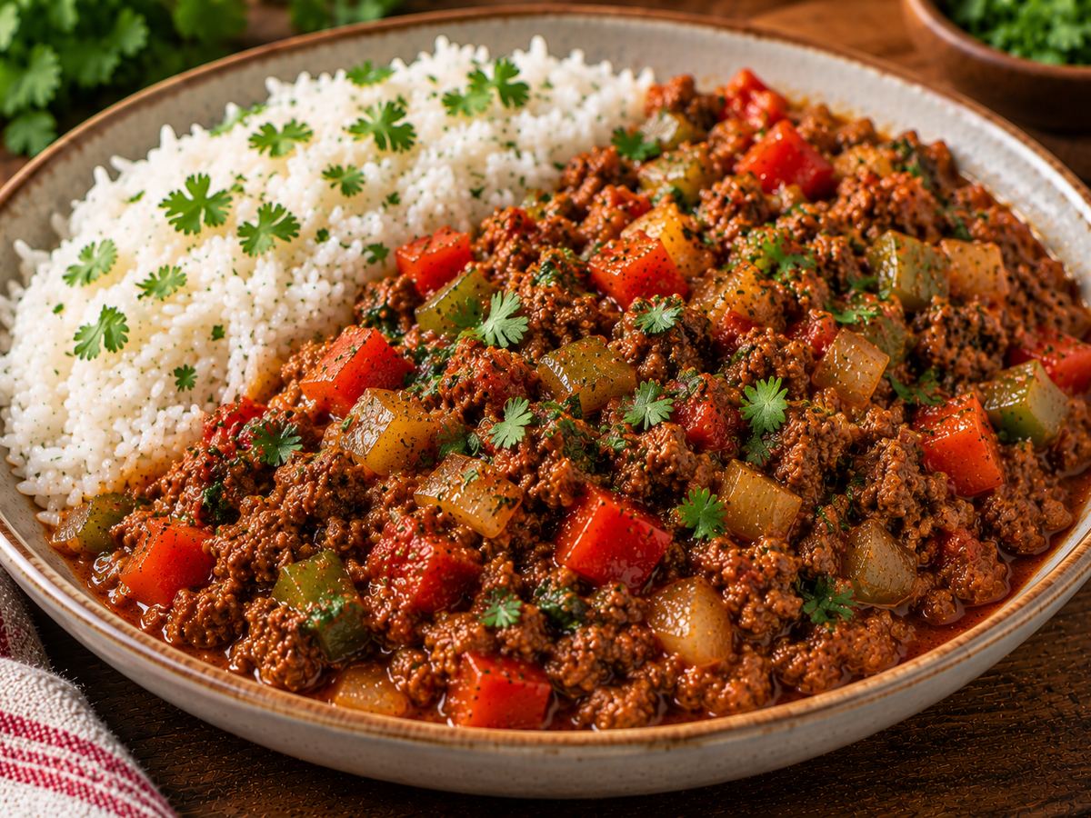 Cuban-style beef picadillo with rice