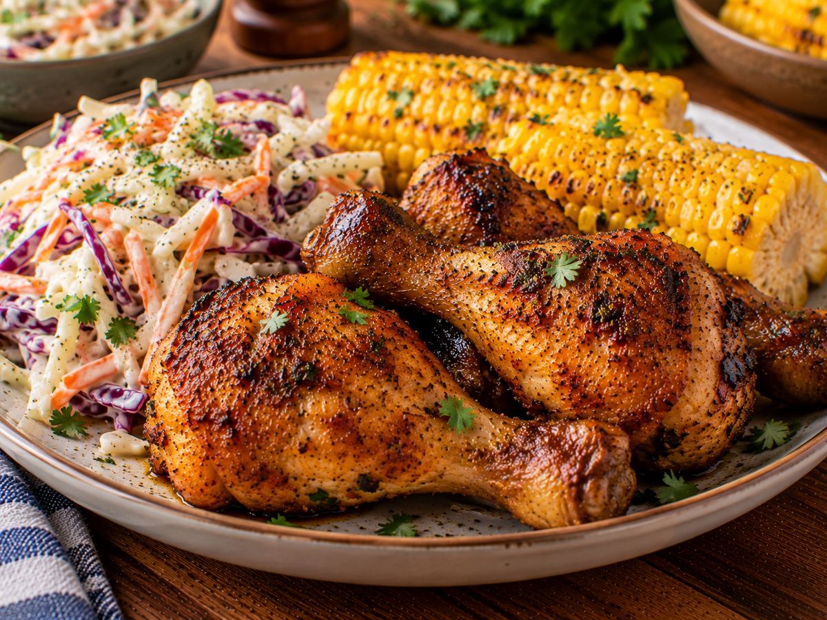 Oven-fried chicken drumsticks with slaw & corn