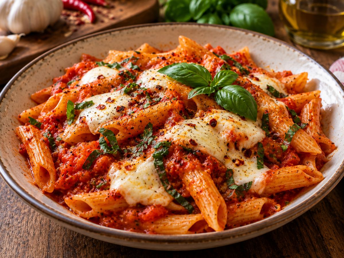 Penne arrabbiata with mozzarella