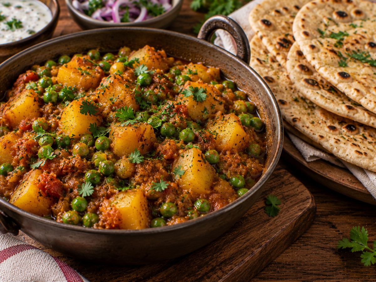 Aloo matar with homemade flatbreads
