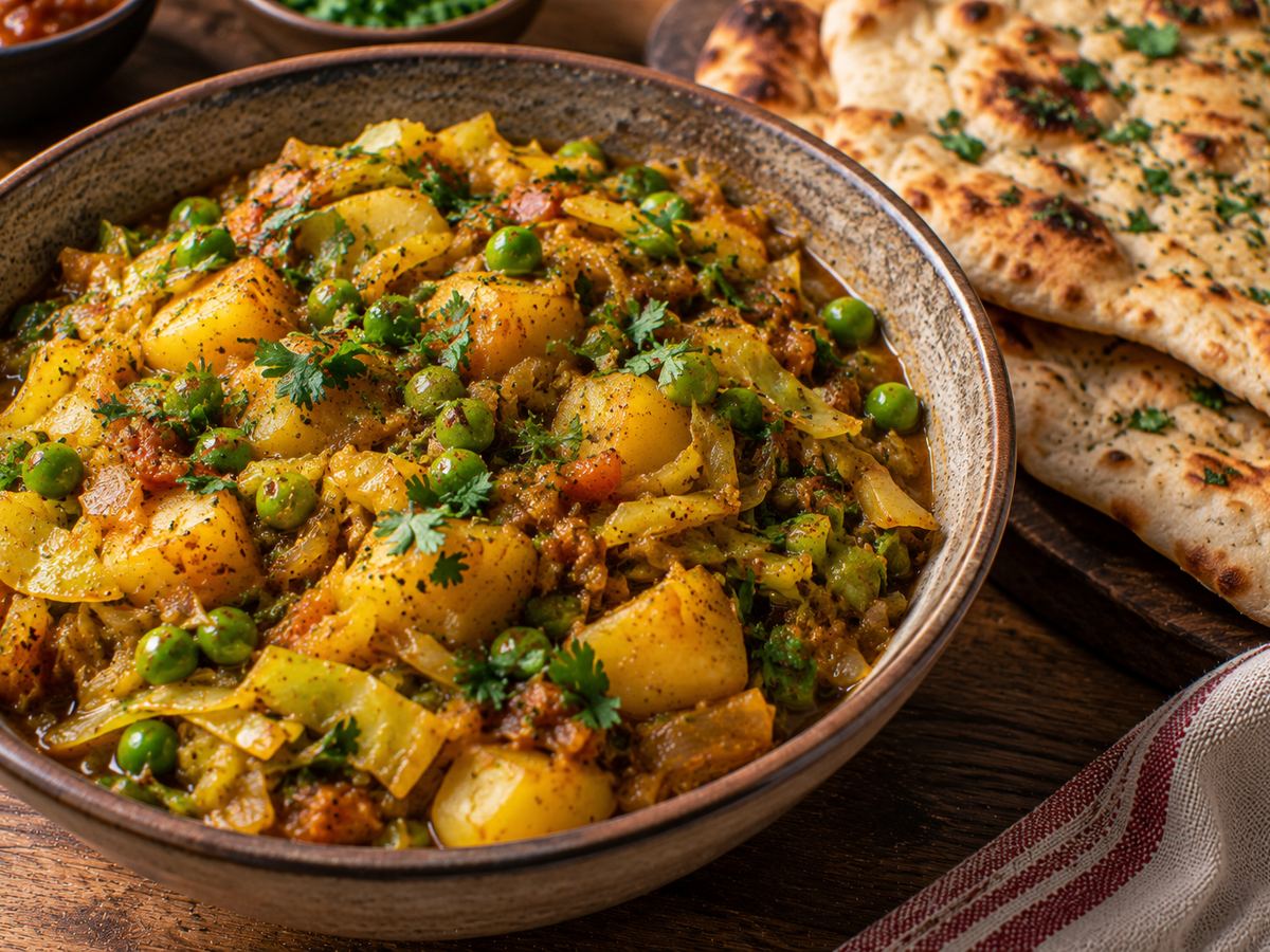 Cabbage, pea & potato curry with naan
