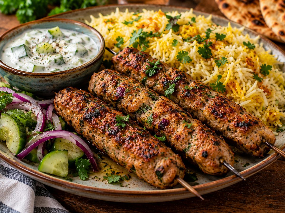 Turkey seekh-style kebabs with rice & raita