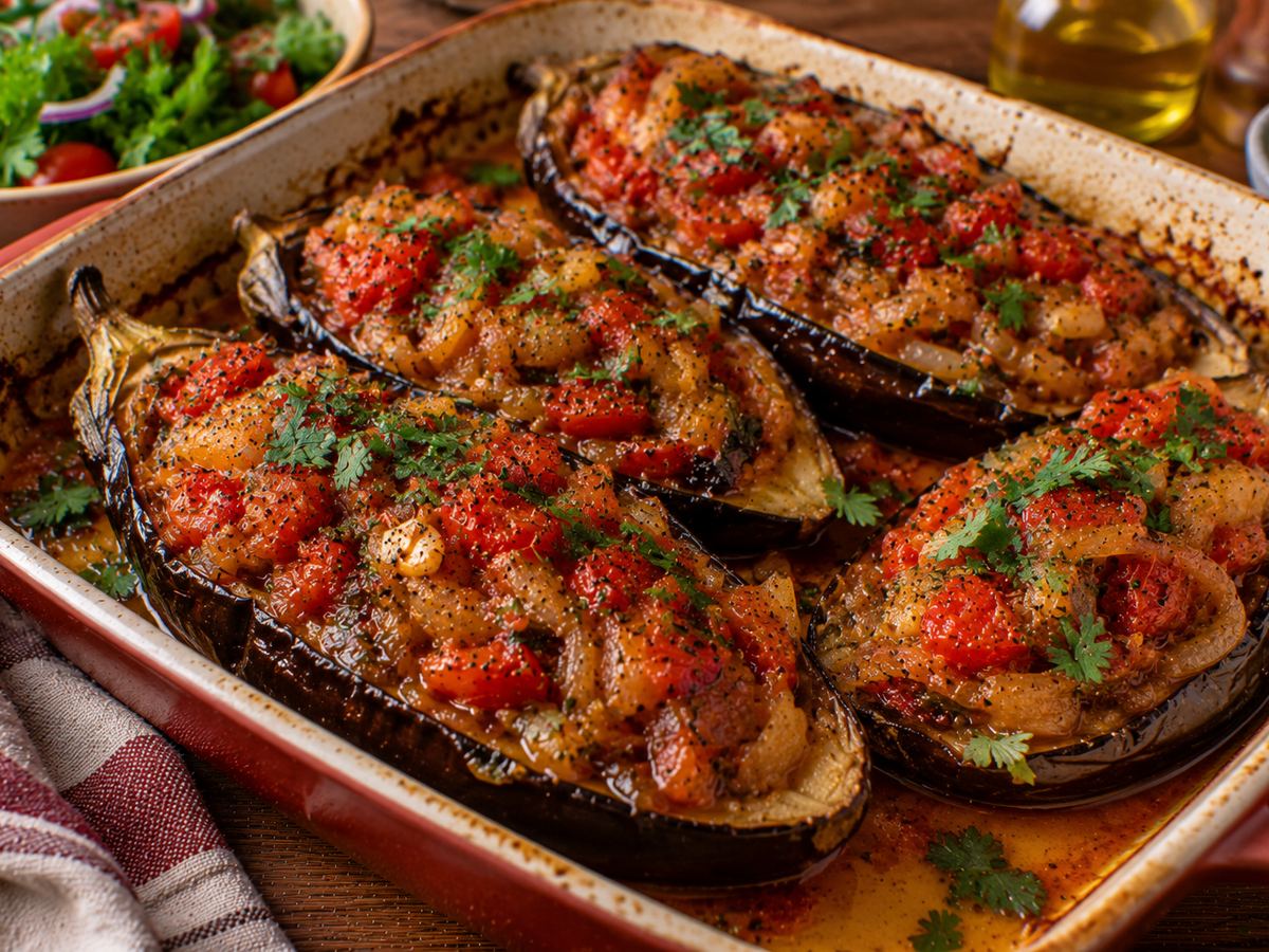 Imam bayildi-style stuffed aubergines