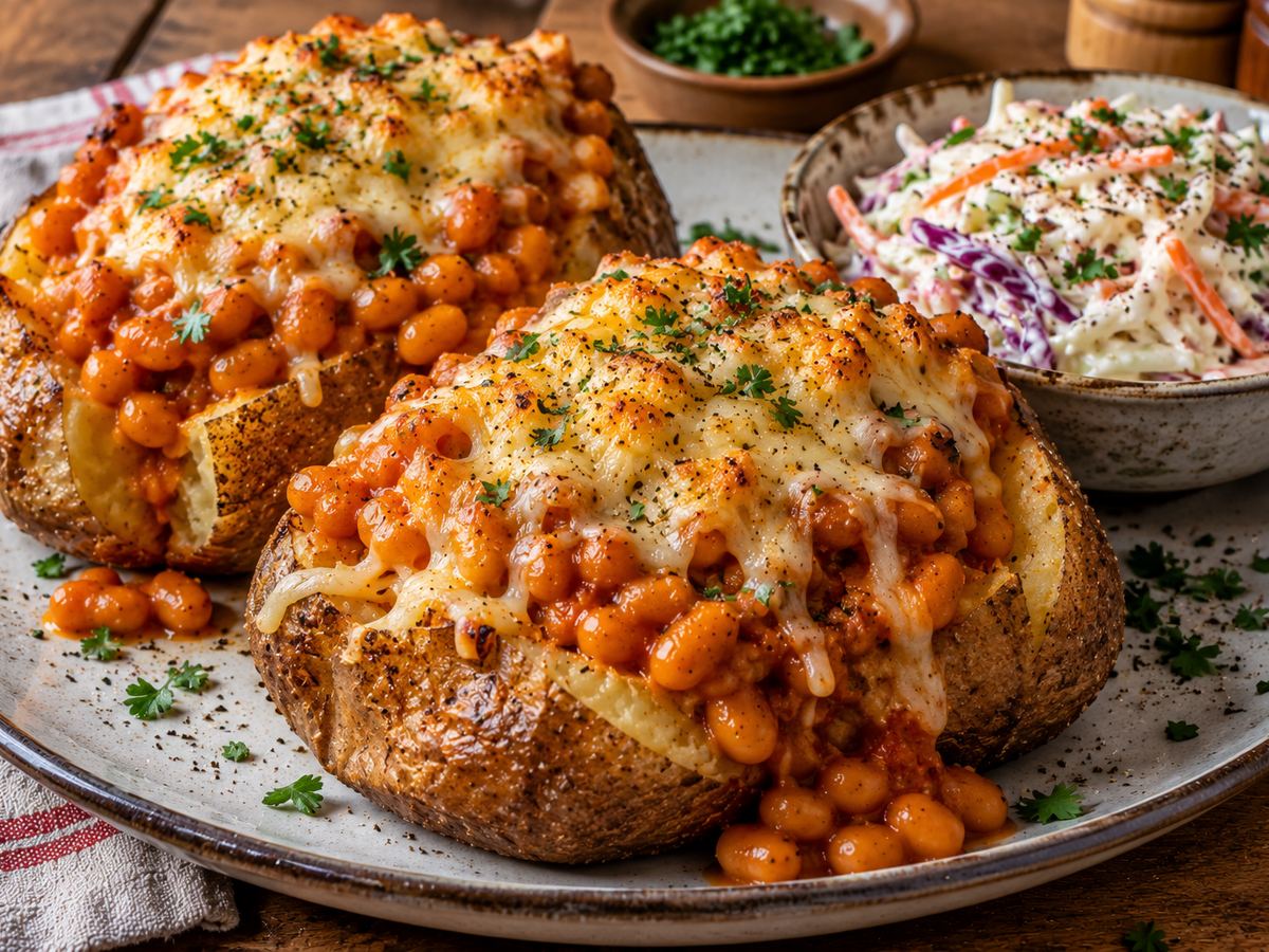 Cheesy beans jackets & slaw