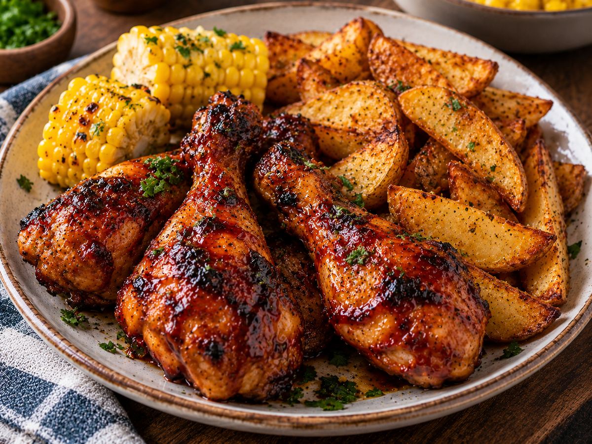 BBQ chicken drumsticks, wedges & corn