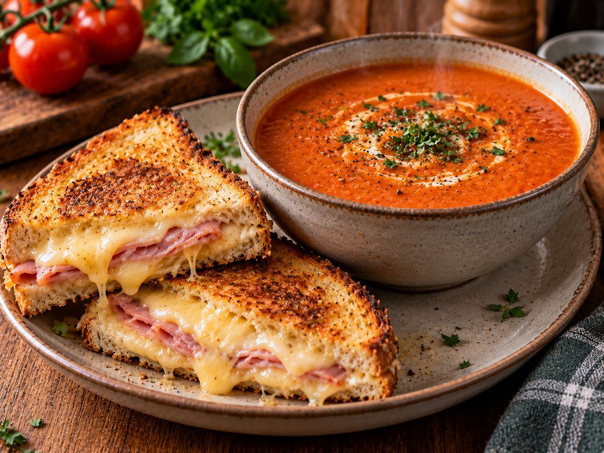 Tomato soup with ham & cheese toasties
